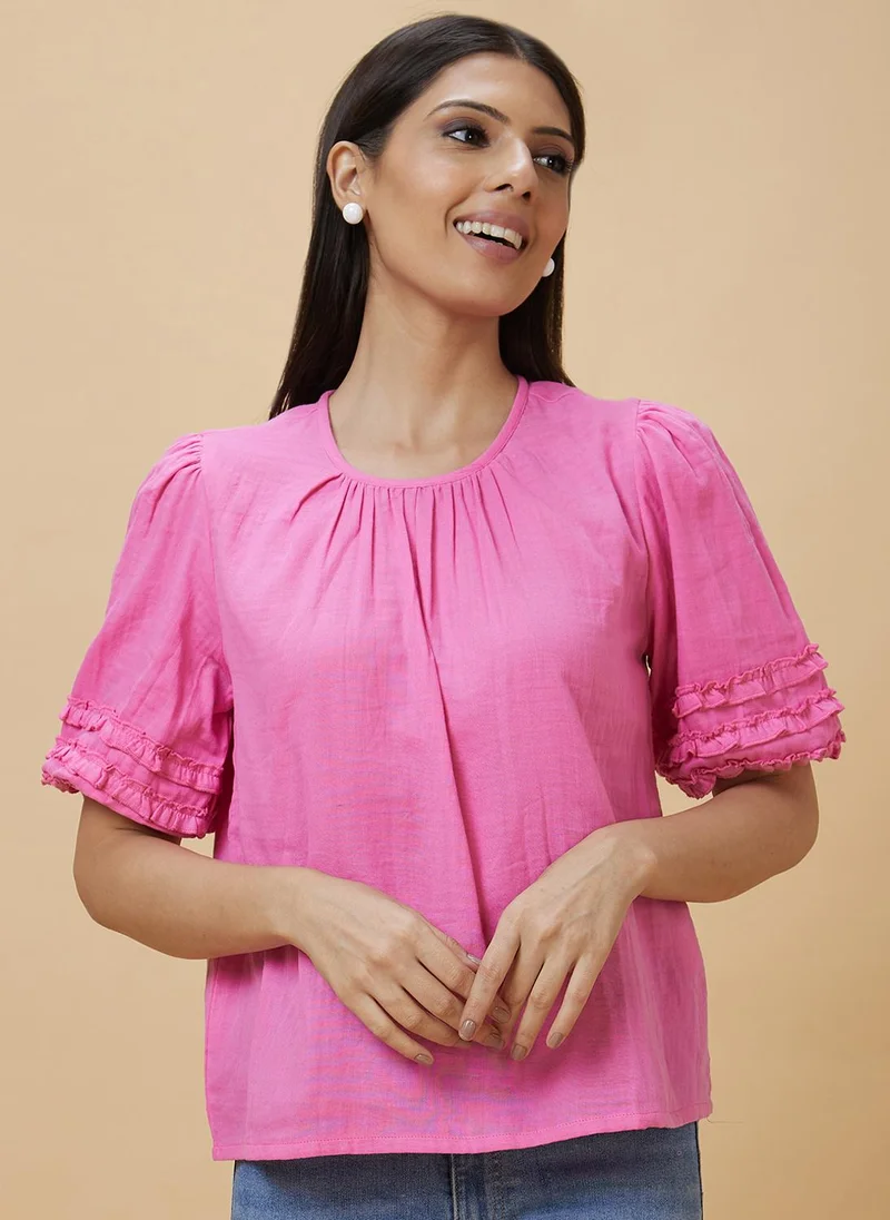 globus Globus Women Pink Round Neck Puff Sleeve Ruffled Pure Cotton Top